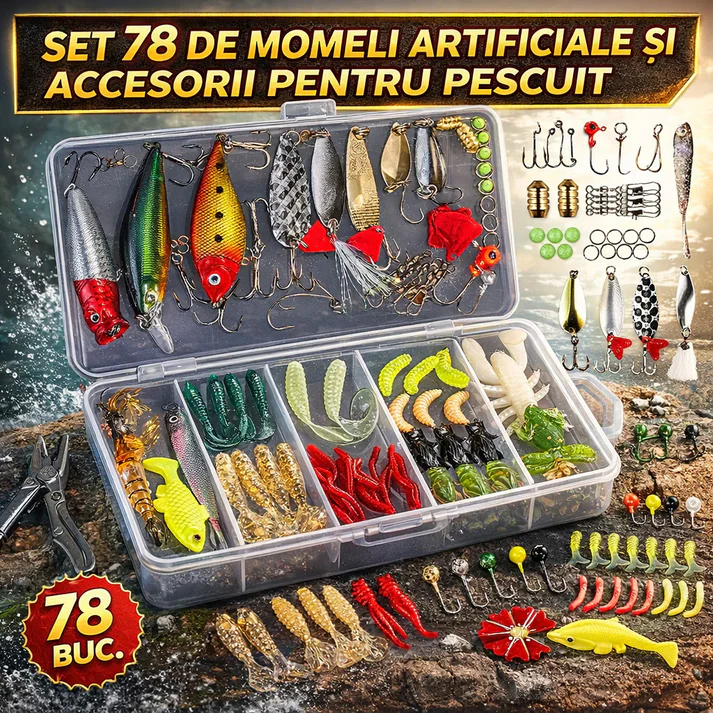 Pescuit - Set 78 momeli artificiale si accesorii pentru pescuit