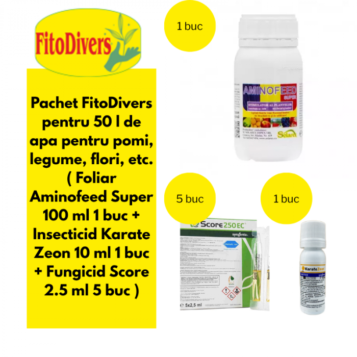 Pachet pentru 50 l de apa pentru pomi, legume, flori, etc. ( Foliar Aminofeed Super 100 ml 1 buc + Insecticid Karate Zeon 10 ml 1 buc + Fungicid Score 2.5 ml 5 buc ) [1]
