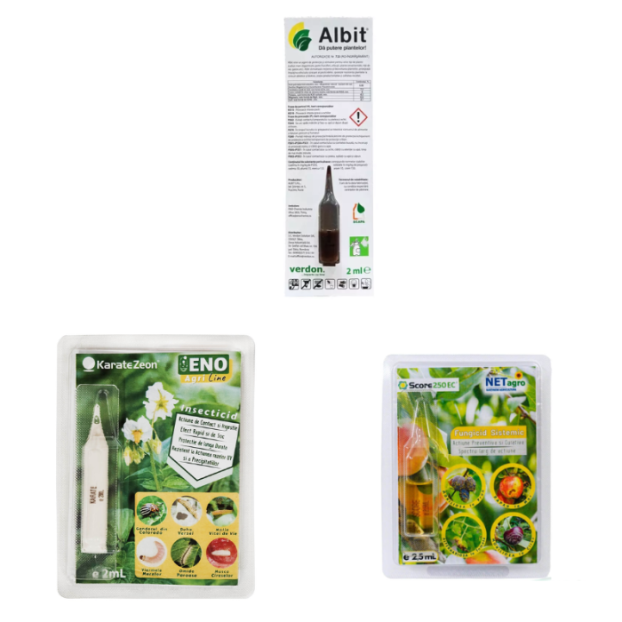 Tratament FitoDivers pantru legume pentru 10 l de apa Fungicide Score 2, 5 ml + Insecticid Karate Zeon 2 ml + Ingrasamant Albit 2 ml [1]