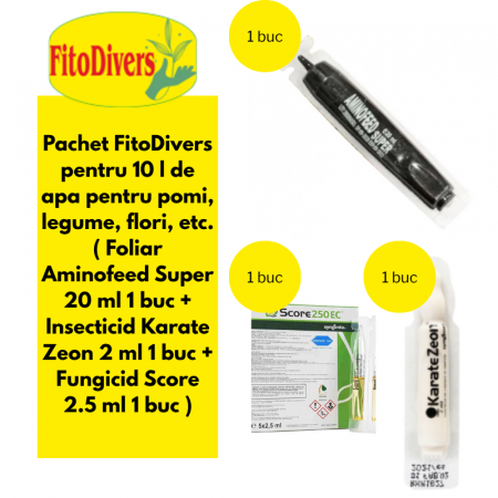 Ingrasaminte - Pachet pentru 10 l de apa pentru pomi, legume, flori, etc. ( Foliar Aminofeed Super 20 ml 1 buc + Insecticid Karate Zeon 2 ml 1 buc + Fungicid Score 2.5 ml 1 buc )