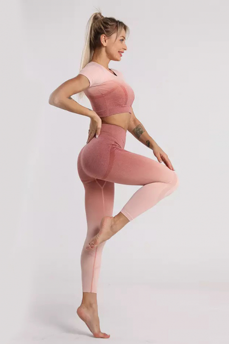 Compleu fitness din doua piese, top si pantaloni cu talie inalta Gradient, Roz Pudrat [2]