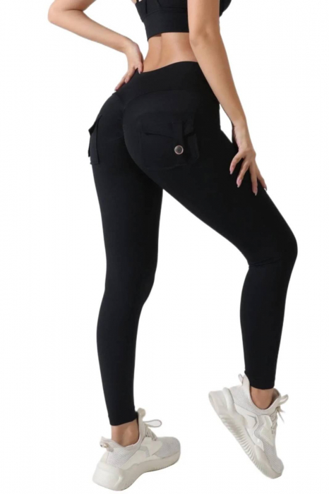 Colanti dama sport cu talie inalta si buzunare Cargo Pump, Negru [4]