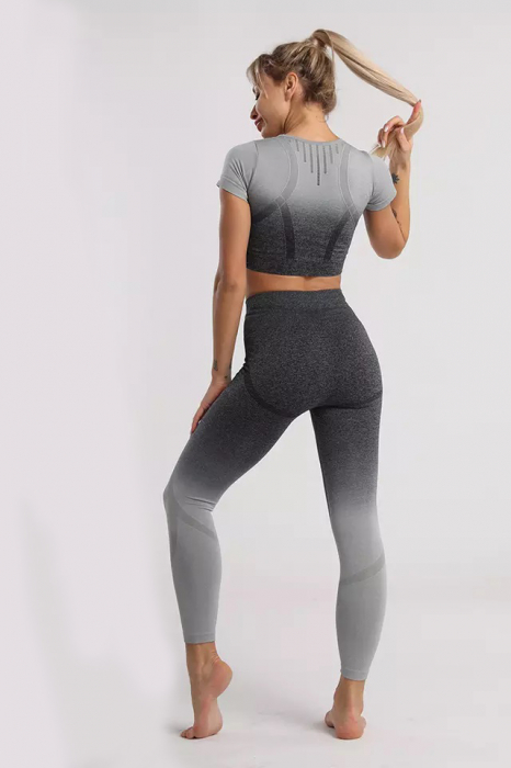 Compleu fitness din doua piese, top si pantaloni cu talie inalta Gradient, Gri [2]