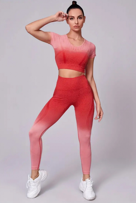 Compleu fitness din doua piese, top si pantaloni cu talie inalta Gradient, Roz Intens [5]