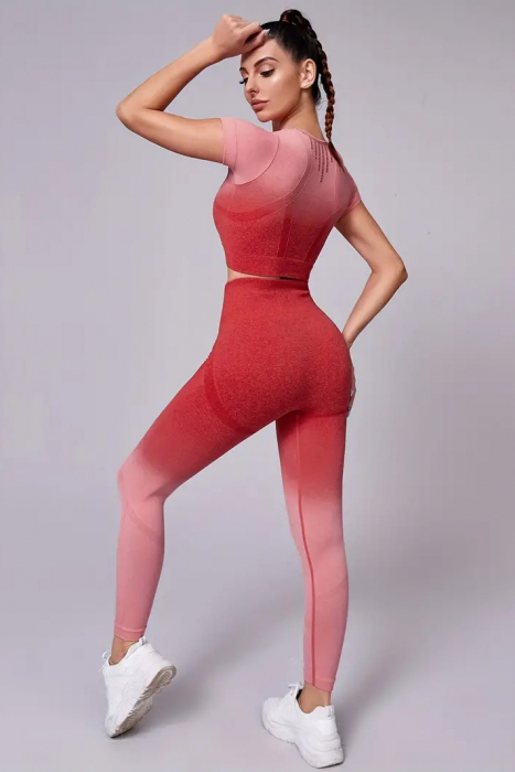 Compleu fitness din doua piese, top si pantaloni cu talie inalta Gradient, Roz Intens [3]