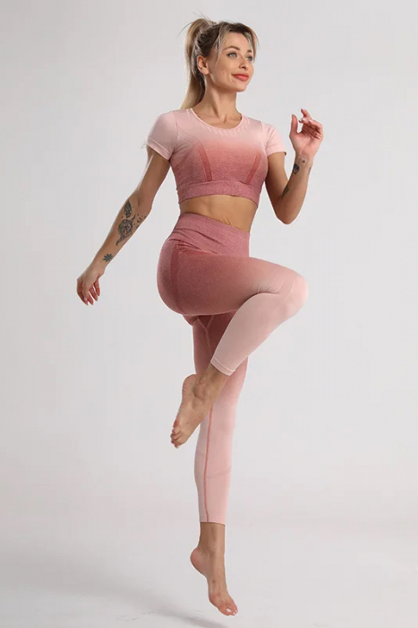 Compleu fitness din doua piese, top si pantaloni cu talie inalta Gradient, Roz Pudrat [5]
