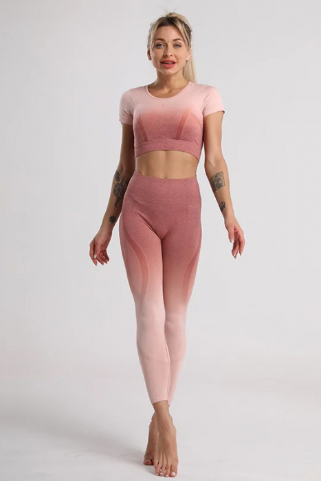 Compleu fitness din doua piese, top si pantaloni cu talie inalta Gradient, Roz Pudrat [4]