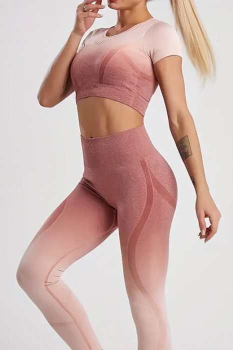 Compleu fitness din doua piese, top si pantaloni cu talie inalta Gradient, Roz Pudrat [3]