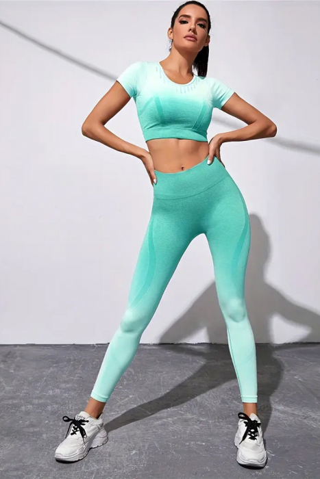 Compleu fitness din doua piese, top si pantaloni cu talie inalta Gradient, Verde Deschis [4]