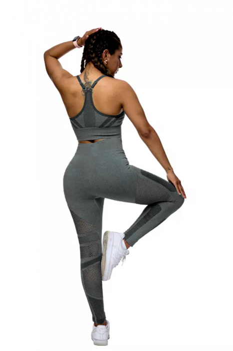 Compleu fitness modelator din doua piese, top cu susținere medie și pantaloni cu talie înaltă perforati, Gri [3]