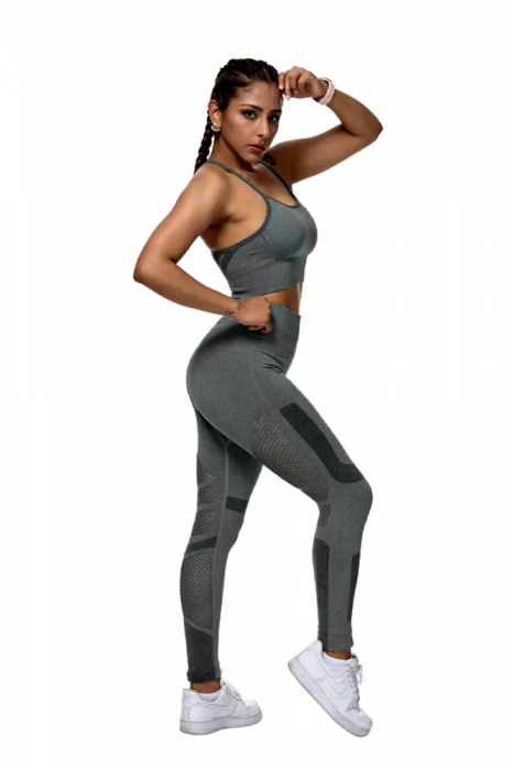 Compleu fitness modelator din doua piese, top cu susținere medie și pantaloni cu talie înaltă perforati, Gri [2]