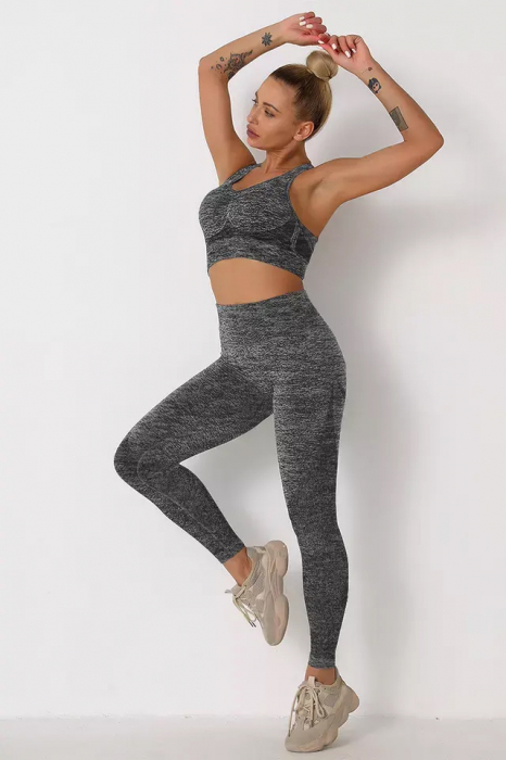 Compleu fitness modelator din doua piese, top și pantaloni cu talie înaltă, Gri [2]