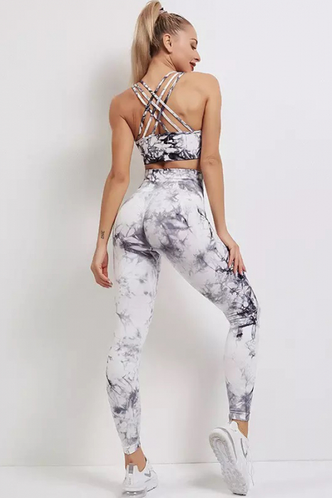 Compleu fitness modelator, bustiera si pantaloni modelatori cu talie in alta, Tie-Dye, Marble, Alb cu Negru [3]
