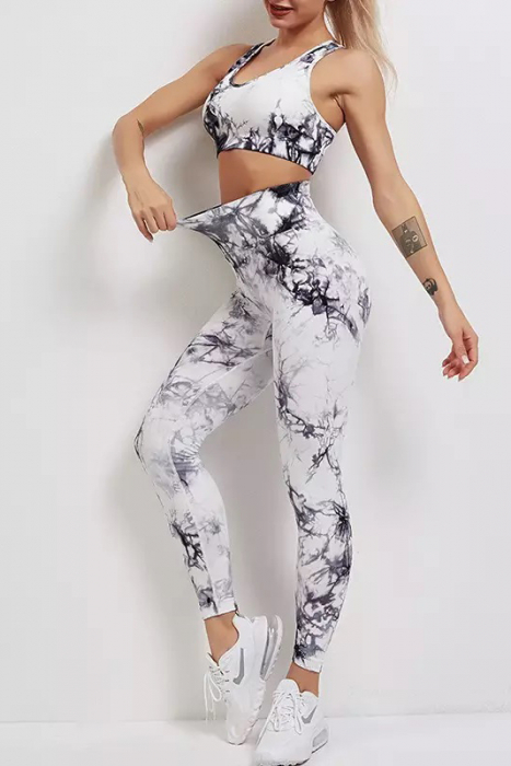 Compleu fitness modelator, bustiera si pantaloni modelatori cu talie in alta, Tie-Dye, Marble, Alb cu Negru [6]