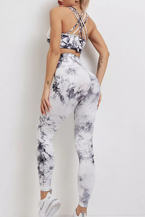 Compleu fitness modelator, bustiera si pantaloni modelatori cu talie in alta, Tie-Dye, Marble, Alb cu Negru [2]