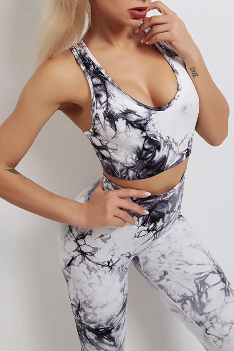 Compleu fitness modelator, bustiera si pantaloni modelatori cu talie in alta, Tie-Dye, Marble, Alb cu Negru [4]