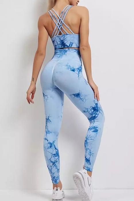 Compleu fitness modelator, bustiera si pantaloni modelatori cu talie in alta, Tie-Dye, Marble, Bleu [5]