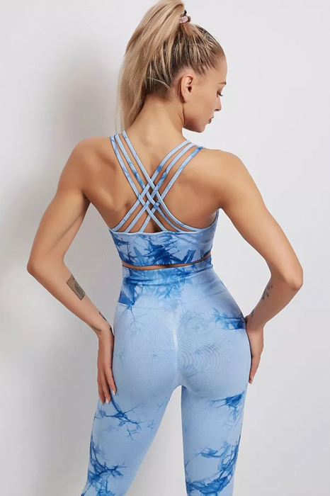 Compleu fitness modelator, bustiera si pantaloni modelatori cu talie in alta, Tie-Dye, Marble, Bleu [2]