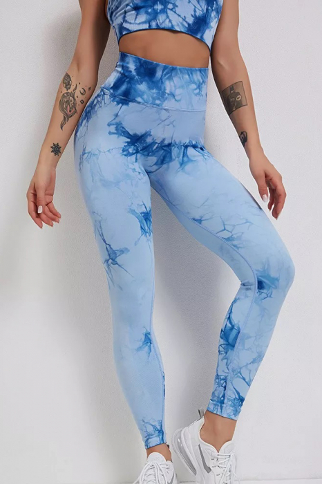 Compleu fitness modelator, bustiera si pantaloni modelatori cu talie in alta, Tie-Dye, Marble, Bleu [3]