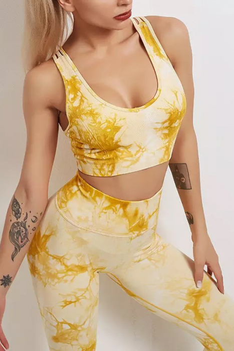 Compleu fitness modelator, bustiera si pantaloni modelatori cu talie in alta, Tie-Dye, Marble, Galben [5]