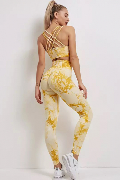 Compleu fitness modelator, bustiera si pantaloni modelatori cu talie in alta, Tie-Dye, Marble, Galben [6]