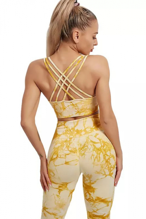 Compleu fitness modelator, bustiera si pantaloni modelatori cu talie in alta, Tie-Dye, Marble, Galben [4]