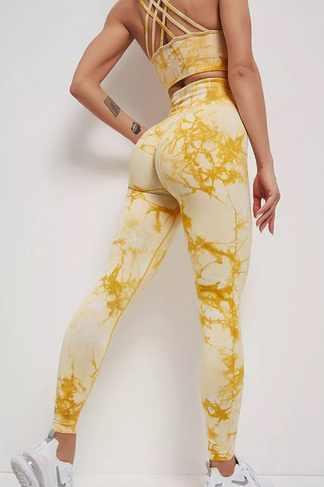 Compleu fitness modelator, bustiera si pantaloni modelatori cu talie in alta, Tie-Dye, Marble, Galben [3]