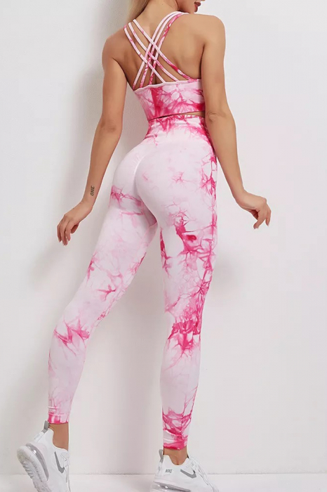Compleu fitness modelator, bustiera si pantaloni modelatori cu talie in alta, Tie-Dye, Marble, Roz [2]
