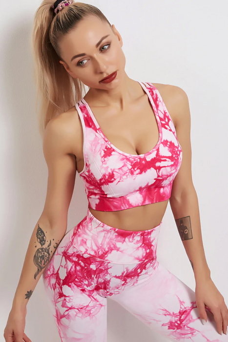 Compleu fitness modelator, bustiera si pantaloni modelatori cu talie in alta, Tie-Dye, Marble, Roz [6]