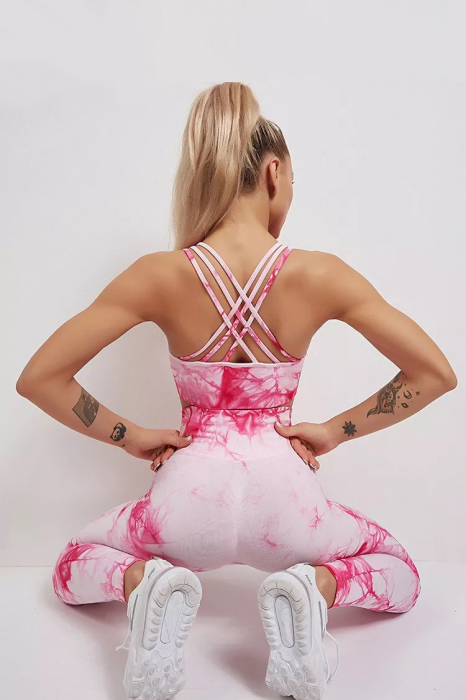 Compleu fitness modelator, bustiera si pantaloni modelatori cu talie in alta, Tie-Dye, Marble, Roz [8]