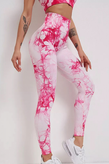 Compleu fitness modelator, bustiera si pantaloni modelatori cu talie in alta, Tie-Dye, Marble, Roz [3]