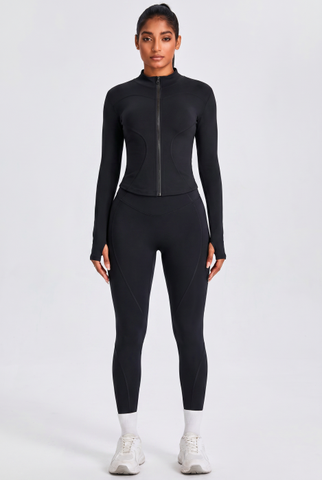 Compleu fitness modelator Contour, set jacheta si colanti cu talie inalta, Negru [3]