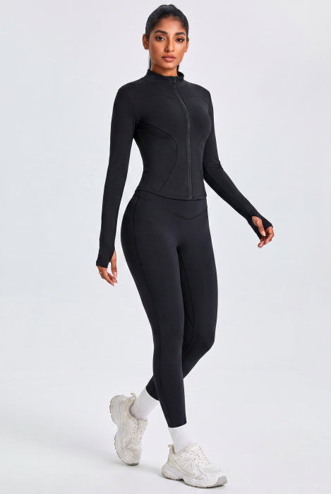 Compleu fitness modelator Contour, set jacheta si colanti cu talie inalta, Negru [5]