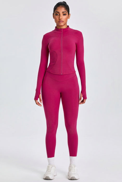 Compleu fitness modelator Contour, set jacheta si colanti cu talie inalta, Rosu Aprins [2]