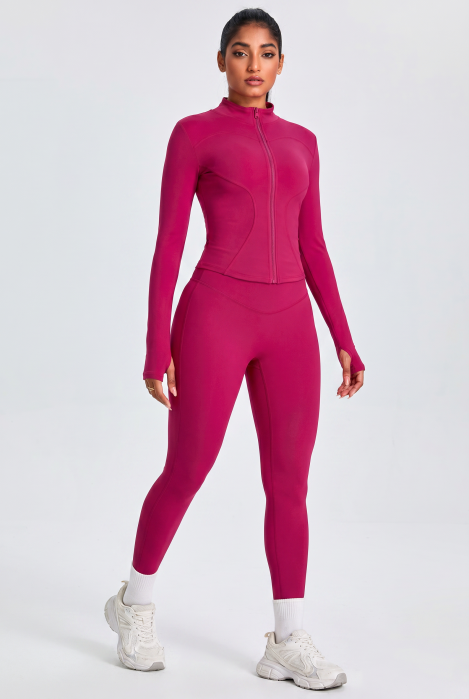 Compleu fitness modelator Contour, set jacheta si colanti cu talie inalta, Rosu Aprins [3]