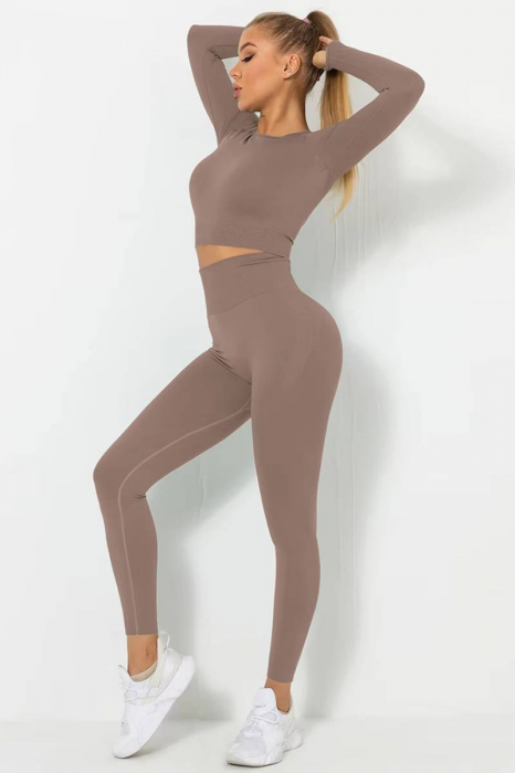 Compleu sport dama modelator Basics, colanti cu bluza, Light-Brown, Bej [4]