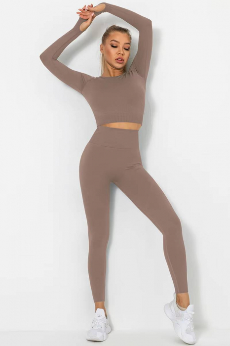 Compleu sport dama modelator Basics, colanti cu bluza, Light-Brown, Bej [3]