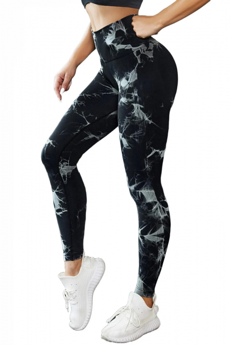 Pantaloni fitness modelatori cu elemente grafice, Dark Marble, Negru [2]