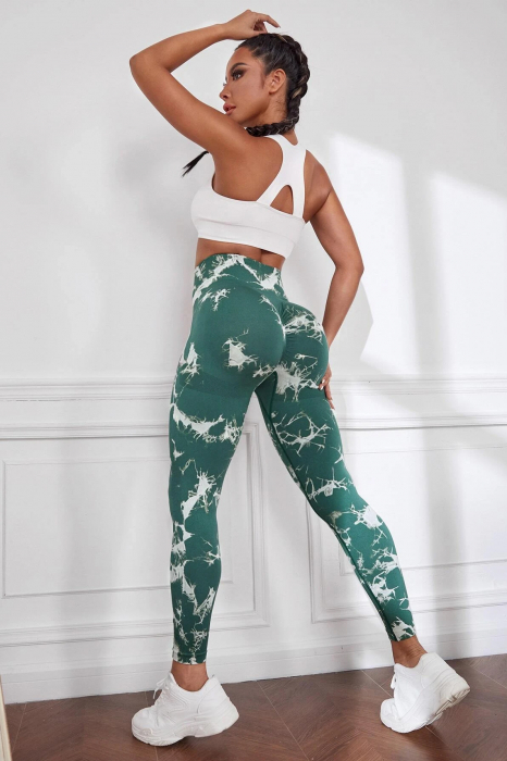 Pantaloni fitness modelatori cu elemente grafice, Dark Marble, Verde [6]