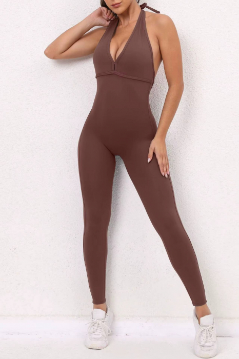 Salopeta fitness dama cu spate gol, SculptraX Jumpsuit, Maro [2]