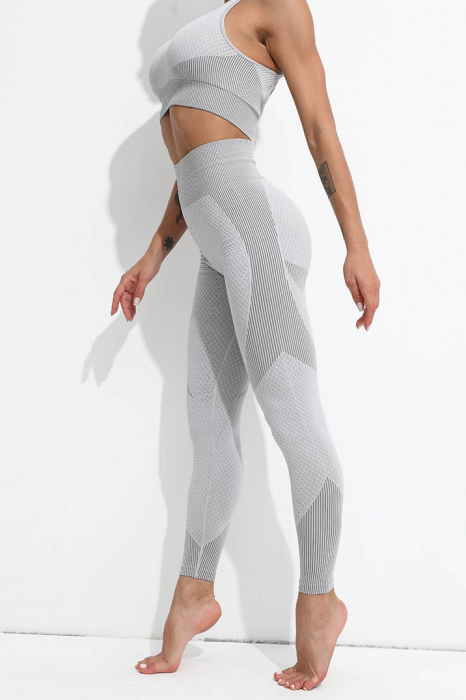 Set Fitness din 3 piese format din colanti modelatori cu talie inalta, top si hanorac Ellite, Gri deschis [7]