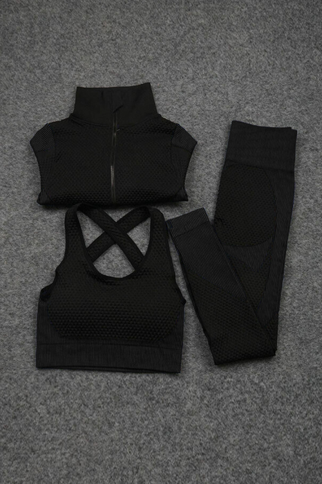 Set Fitness din 3 piese format din colanti modelatori cu talie inalta, top si hanorac Ellite, Negru [5]