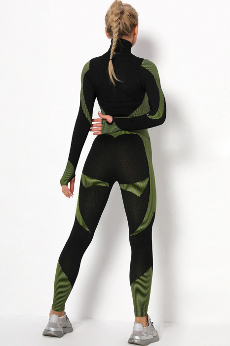Set Fitness din 3 piese format din colanti modelatori cu talie inalta, top si hanorac Ellite, Negru cu Verde [3]