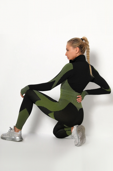 Set Fitness din 3 piese format din colanti modelatori cu talie inalta, top si hanorac Ellite, Negru cu Verde [5]
