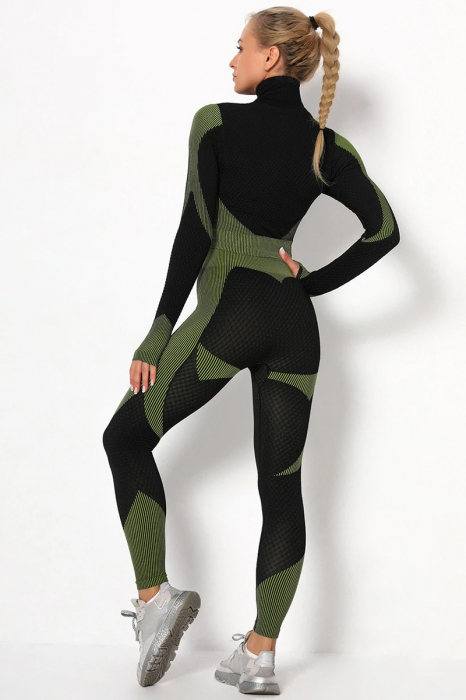 Set Fitness din 3 piese format din colanti modelatori cu talie inalta, top si hanorac Ellite, Negru cu Verde [4]