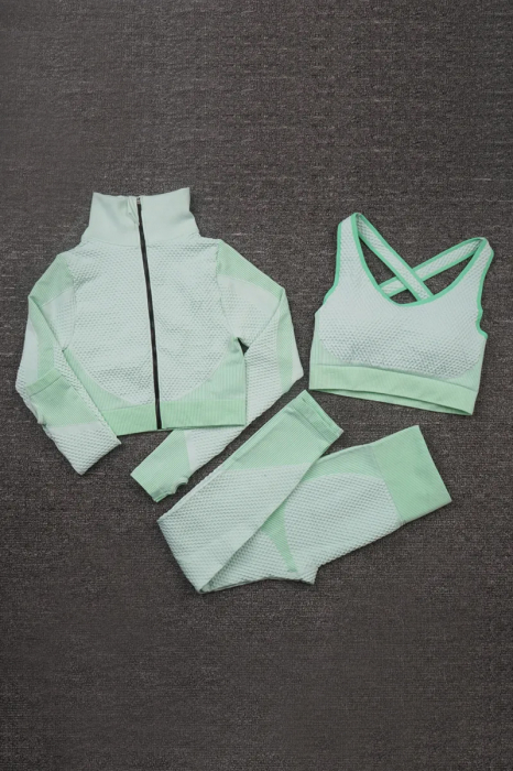 Set Fitness din 3 piese format din colanti modelatori cu talie inalta, top si hanorac Ellite, Verde Menta [4]