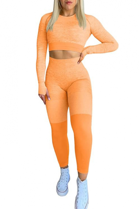 Set fitness modelator din doua piese, top cu maneci lungi și pantaloni cu talie înalta si model gradient, Portocaliu [2]