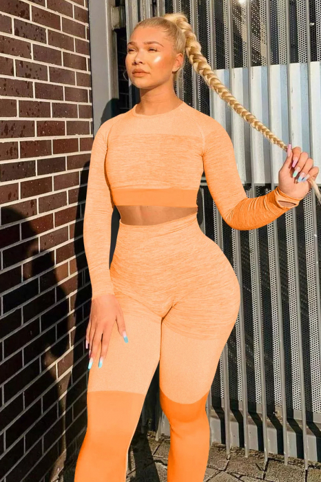 Set fitness modelator din doua piese, top cu maneci lungi și pantaloni cu talie înalta si model gradient, Portocaliu [4]