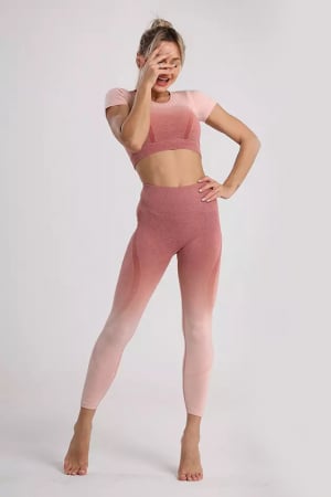 Compleuri - Compleu fitness din doua piese, top si pantaloni cu talie inalta Gradient, Roz Pudrat