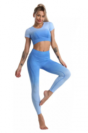 Compleu fitness din doua piese, top si pantaloni cu talie inalta Gradient, Albastru-Bleu [2]